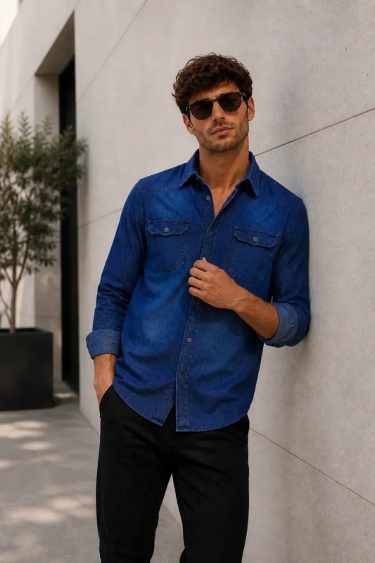 Camisa Jeans Slim Manga Longa Masculina