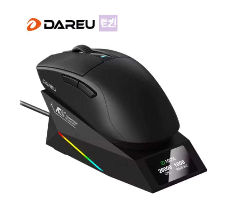 Mouse Gamer Sem Fio DAREU com 3 Modos, 62g, Sensor PAW3395, 26000 DPI, Bateria de 500mAh, Bluetooth, Recarregável e com Base de Carregamento