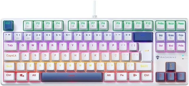 Teclado Mecânico Gamer Machenike K500-B87, RGB Switch Red, Branco e Azul C/fio PTBR