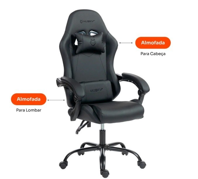 Cadeira Gamer Husky Storm 100, Até 120kg, Almofadas, Reclinável 135º, PU, Preta