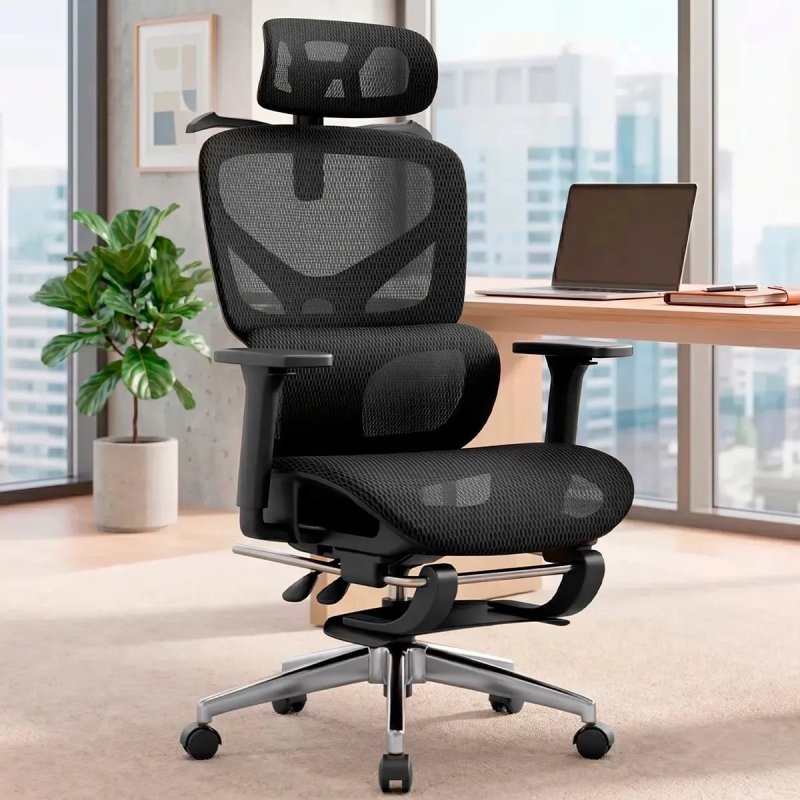 Cadeira Escritório Ergonomica Giratoria Preta Apoio Cabeça Suporte Lombar