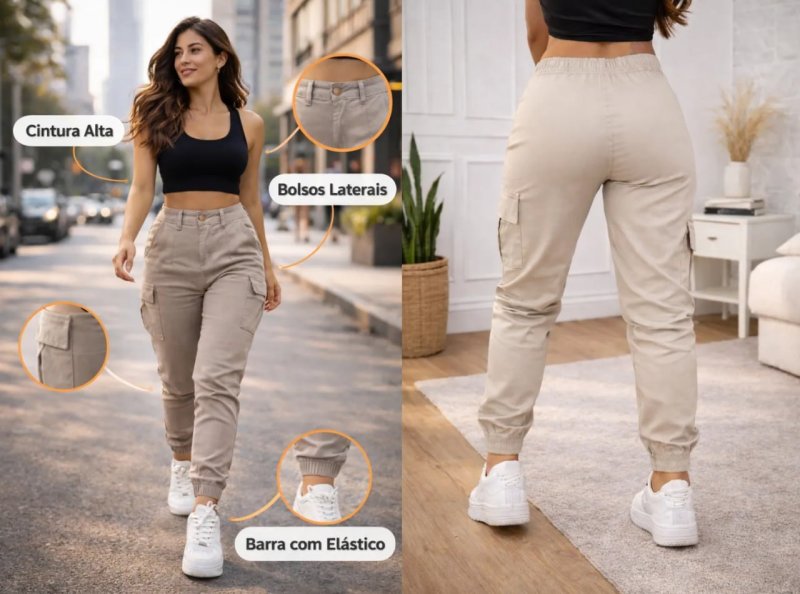 Calça Cargo Jogger Jeans Feminina Cintura Alta com Lycra