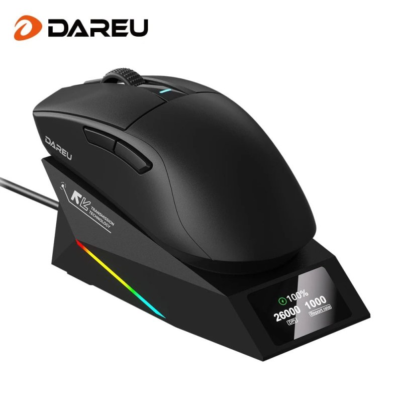 Mouse Gamer Sem Fio DAREU com 3 Modos, 62g, Sensor PAW3395, 26000 DPI, Bateria de 500mAh, Bluetooth, Recarregável e com Base de Carregamento