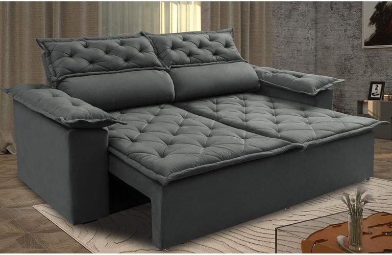 Sofá 3 Lugares Retrátil e Reclinável Cama Inbox Compact 1,80m – Velusoft Cinza