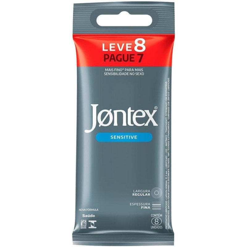 Jontex Preservativo Masculino, Espessura Fina Sensitive, 8 Unidades