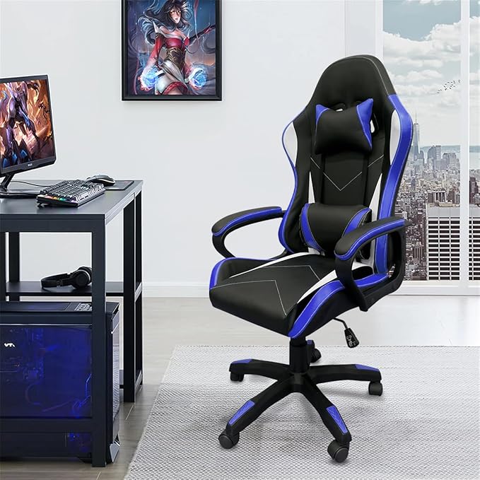 Cadeira de Jogos - Encosto Alto Apoios Fixos - Altura Ajustável - Azul