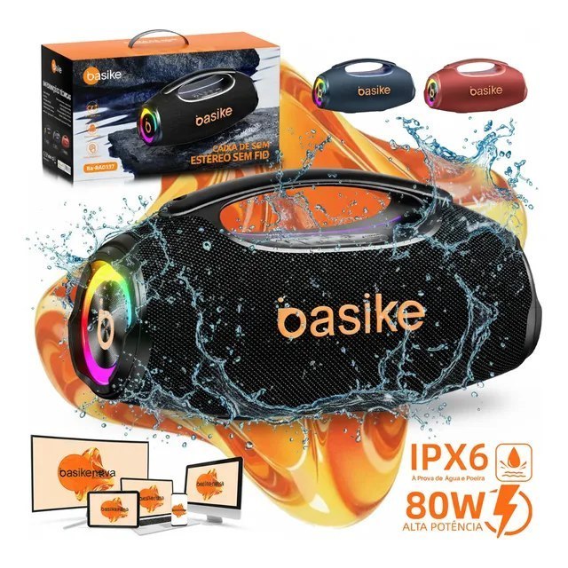Basike Caixa De Som Boombox Plus 80w 8000mah 10hrs Portátil Bluetooth 5.3 Sem Fio Ipx6 À Prova D'água Com Luz Rgb Hifi