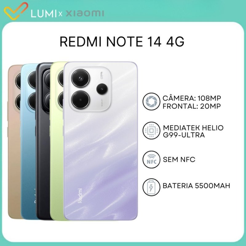 Xiaomi Redmi Note 14 4G, 256GB/8GB RAM, 128GB/6GB RAM Câmera 108MP, Processador Helio G99-Ultra, Versão Global