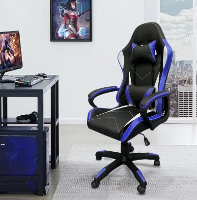 Cadeira de jogos com encosto alto, apoios de braços fixos em quatro pontos, altura ajustável (Azul)