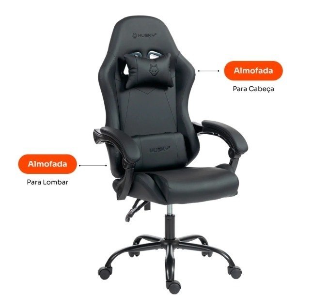 Cadeira Gamer Husky Storm 100, Até 120kg, Almofadas, Reclinável 135º, PU, Preta