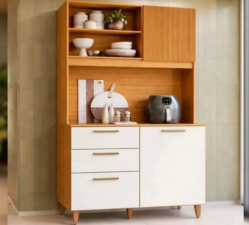 Armário Cozinha Compacto Kit Cozinha Poliman Com 3 Portas 2 Gavetas Sicília Piccolo Mdp Pintura Uv Branco Cor Freijó Off Ripado