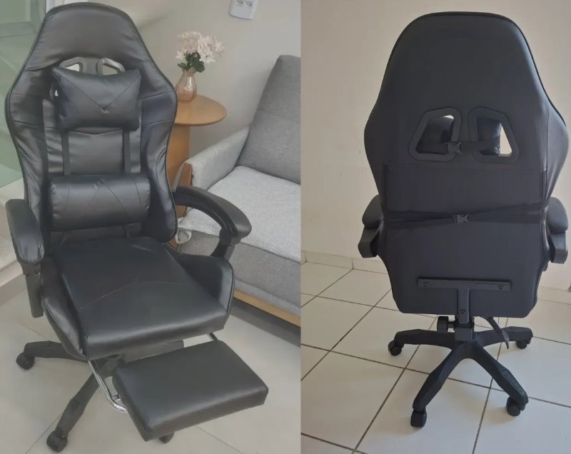 Cadeira Gamer Ergonômica Para Jogos PC Reclinável Apoio Pé Preto Couro Sintético