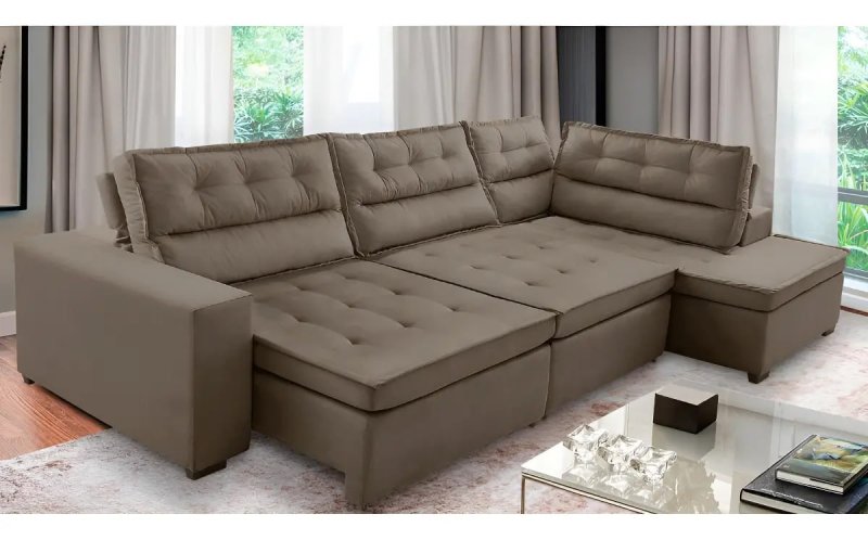 Sofá Canto Retrátil e Reclinável com Molas 3,00x2,00 Virginia Suede Cappuccino Adonai Estofados