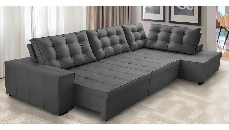 Sofá de Canto Retrátil e Reclinável com Molas 3,40x2,00 Jacke Suede Cinza Adonai Estofados