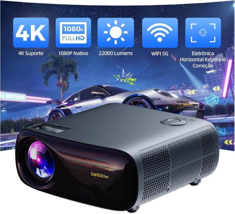 Bettdow Projetor 4K 22000 Lumens - 1080p Full HD - Android 9 Smart
