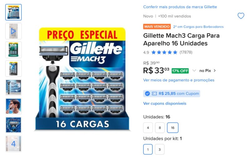 Gillette Mach3 Carga Para Aparelho 16 Unidades
