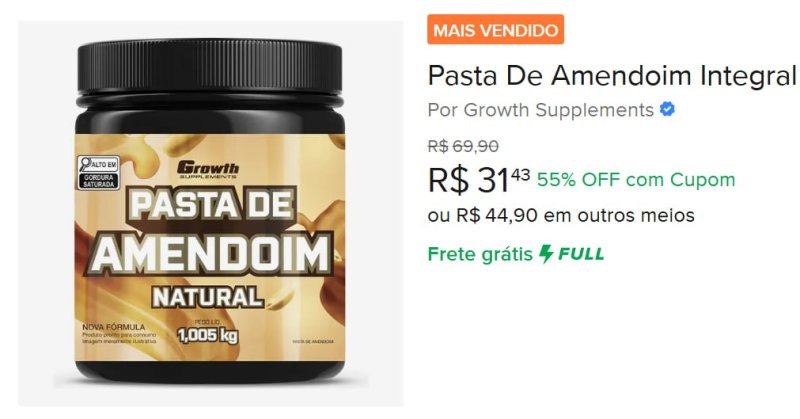 Pasta De Amendoim Integral Torrado 1kg Growth Supplements