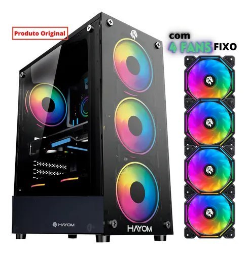 Gabinete Gamer Mid Tower Hayom Vidro Temperado 4 Fans Rgb Preto