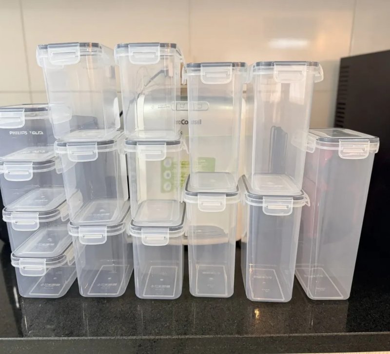Kit 15 Potes Hermético Cadencia Mantimentos Quadrado Cozinha Branco Rishon 22,4 Litros Transparente