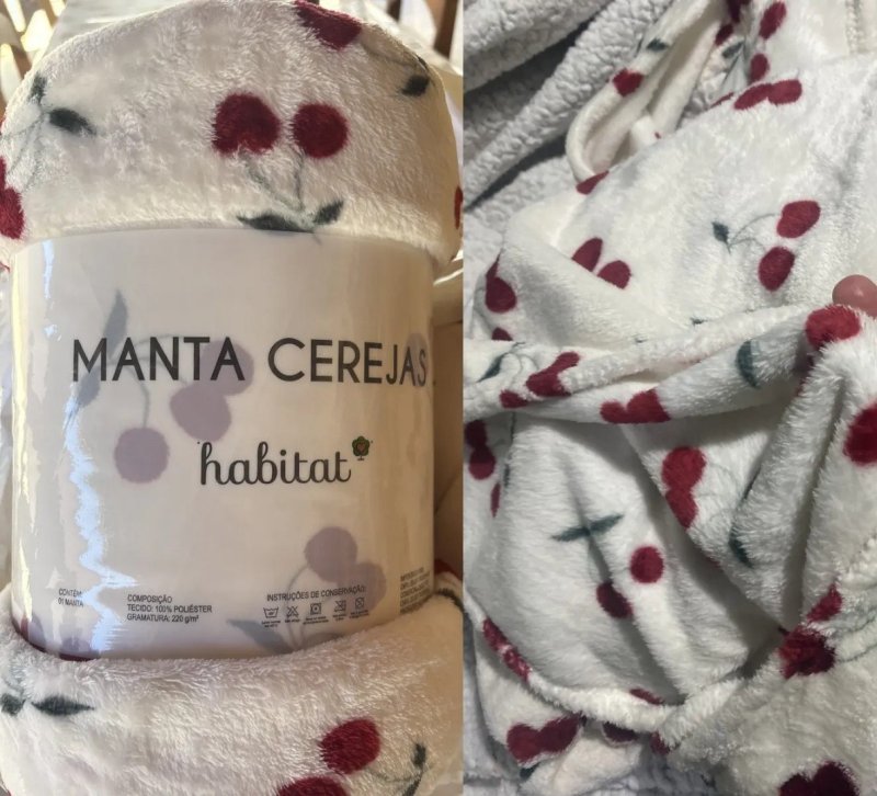 Cobertor Casal Manta Cereja Habitat Poá Bolinha Soft Macia Cereja Cerejas