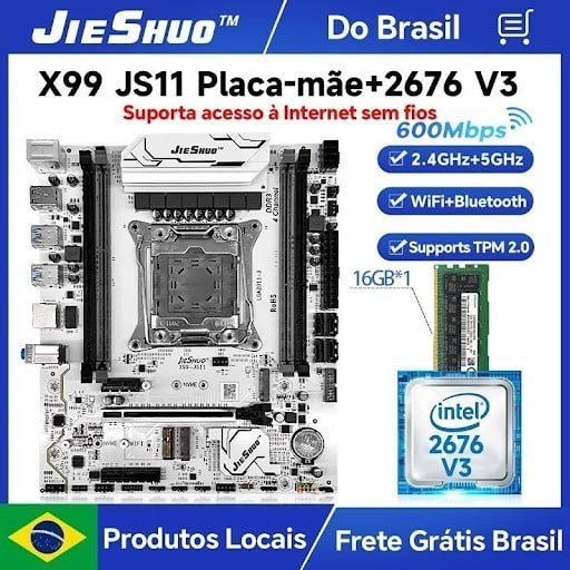 Kit Xeon 2676 v3: Placa Mãe x99 Jieshuo JS11 + CPU 2676v3 e5 + 16GB 1x16