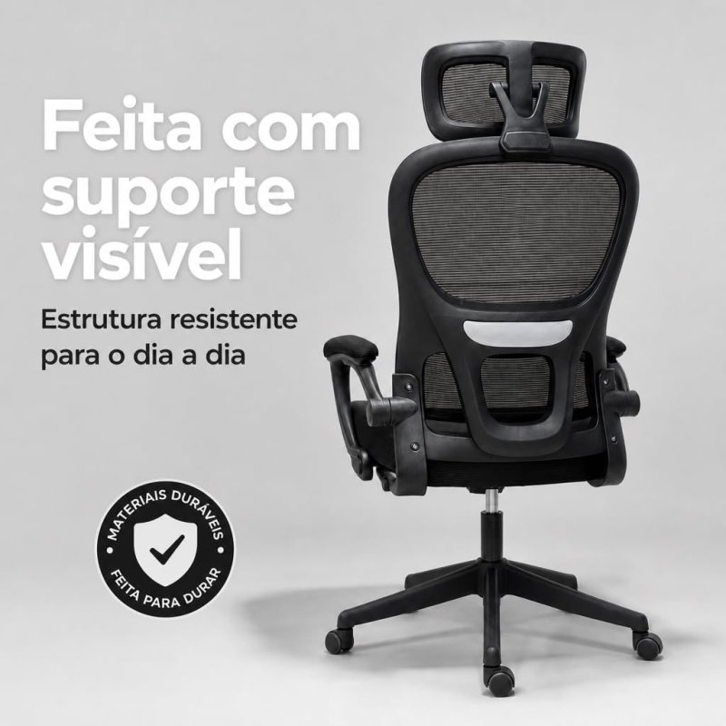Cadeira de Escritório Presidente Ergonômica Preta Encosto Mesh Reclinável 135 Graus
