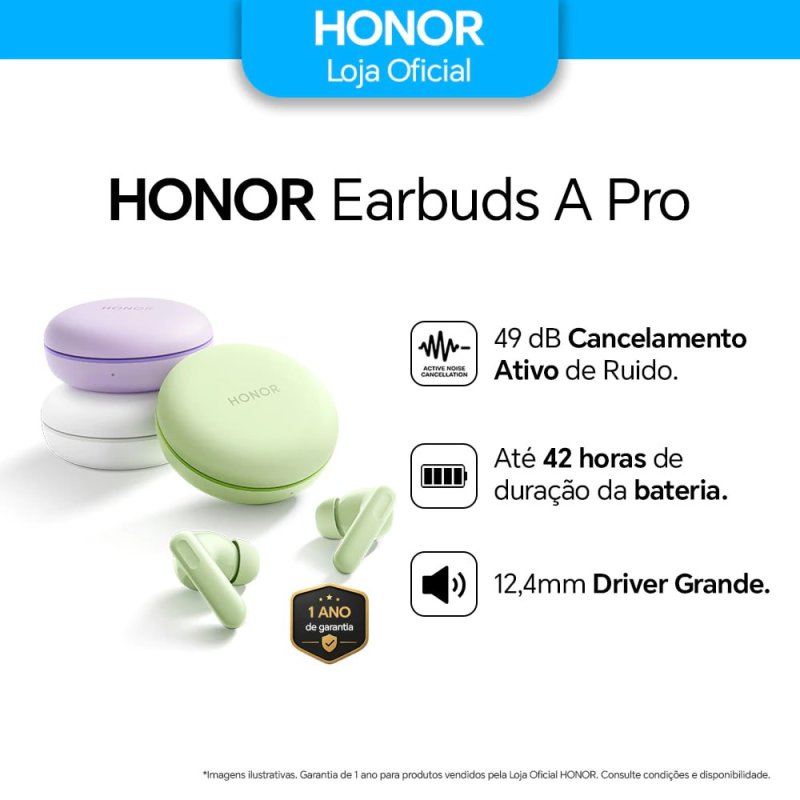 Honor Earbuds A Pro - Bluetooth Sem Fio - ANC Cancelamento de Ruído - Bateria 42h