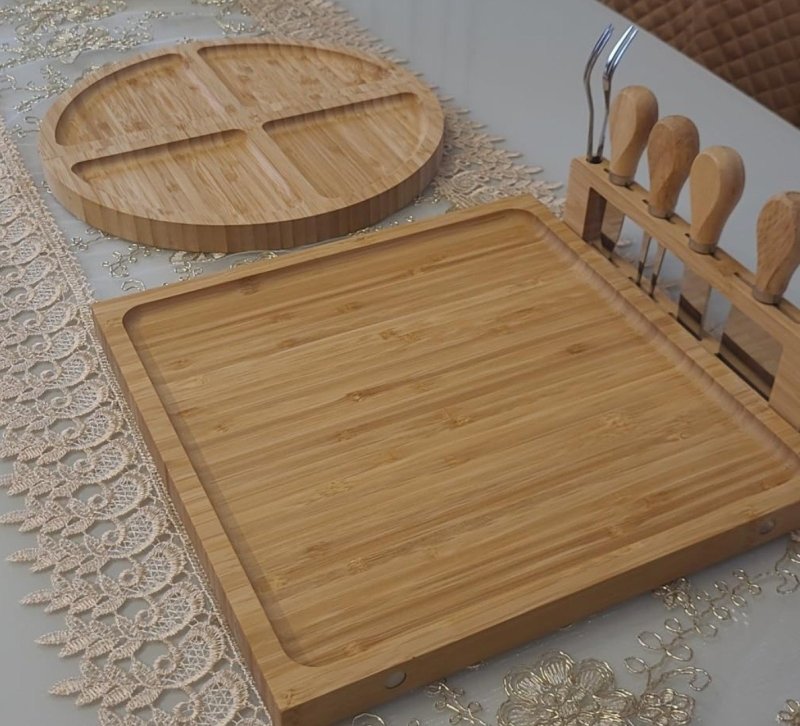 LUMAI Kit Tábua de Frios Bambu Premium e Petisqueira com Polimento Duplo
