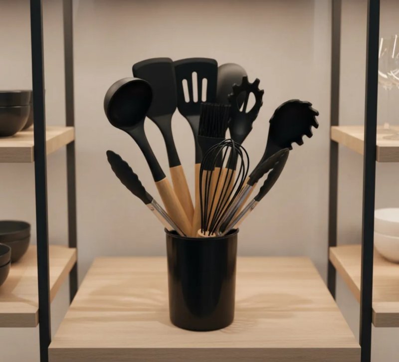 Kit Com 12 Utensílios De Cozinha Silicone Cabo De Madeira Preto