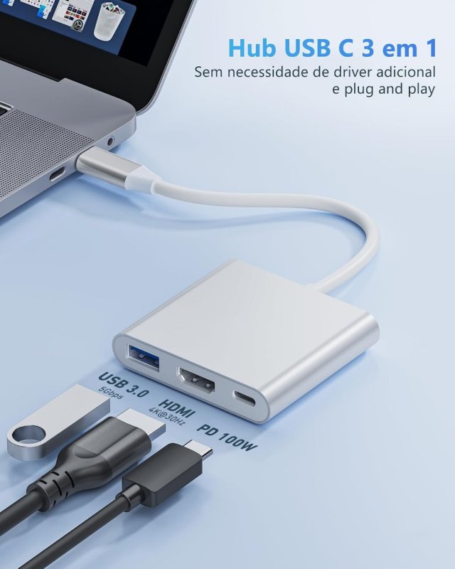 Adaptador HDMI USB C, Hub USB C para HDMI 4K, USB 3.0 e Carga PD