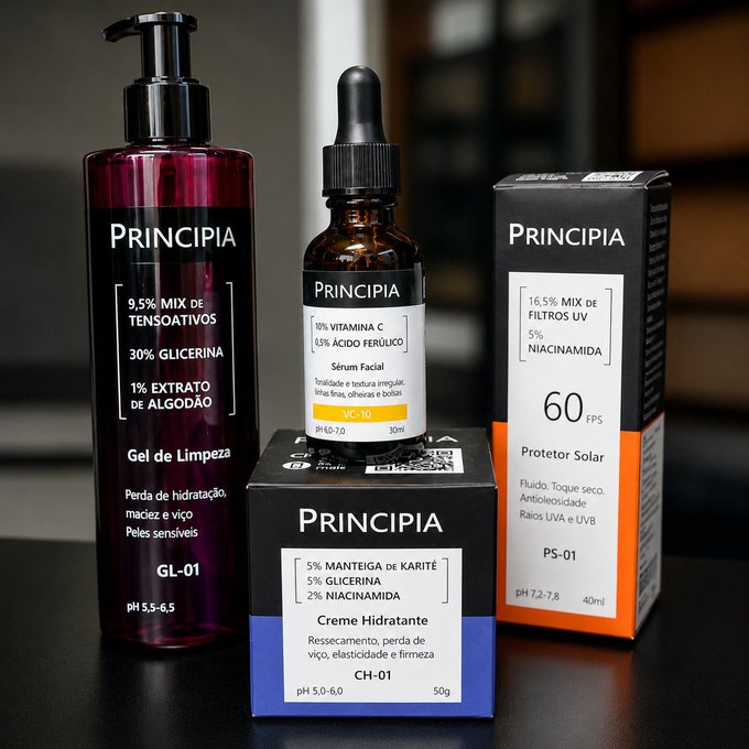 Kit Principia Essencial - Gel de Limpeza GL-03 - Creme Hidratante CH-01 - Sérum Facial VC-10 - Protetor Solar PS-01