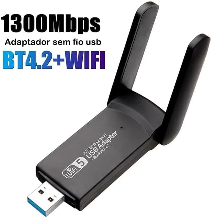 Adaptador WiFi USB Dual Band AC1300, 2.4GHz e 5GHz, 1300Mbps, Antena Dupla, Preto