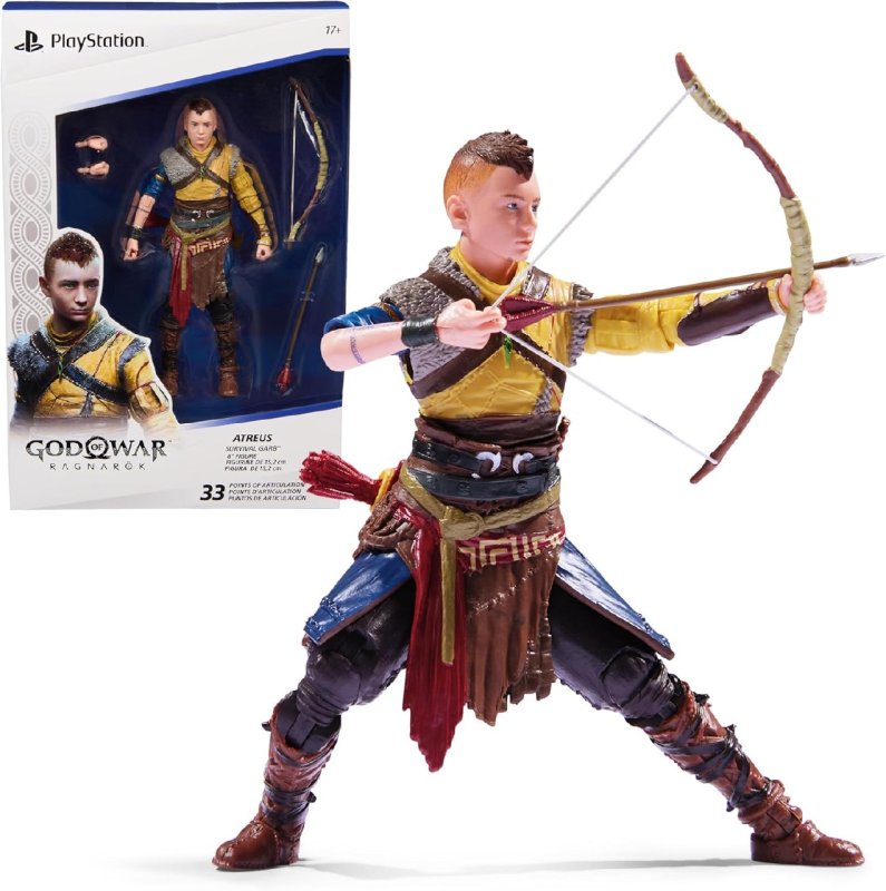 PlayStation God of War Ragnarok, 6” Atreus Action Figure with 4 Accessories, The Shapes Collection