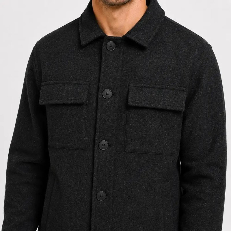 Casaco Masculino Lã Batida Botões Casual Preto .2002917