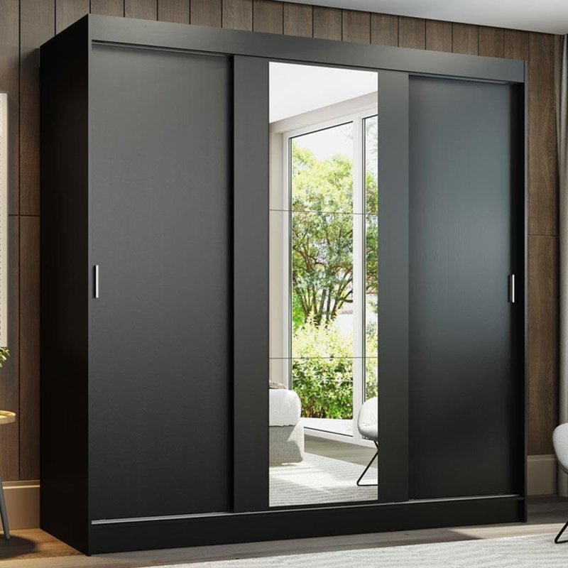 Madesa Guarda-Roupa Casal Reno 3 Portas Correr Espelho - Preto 180cm