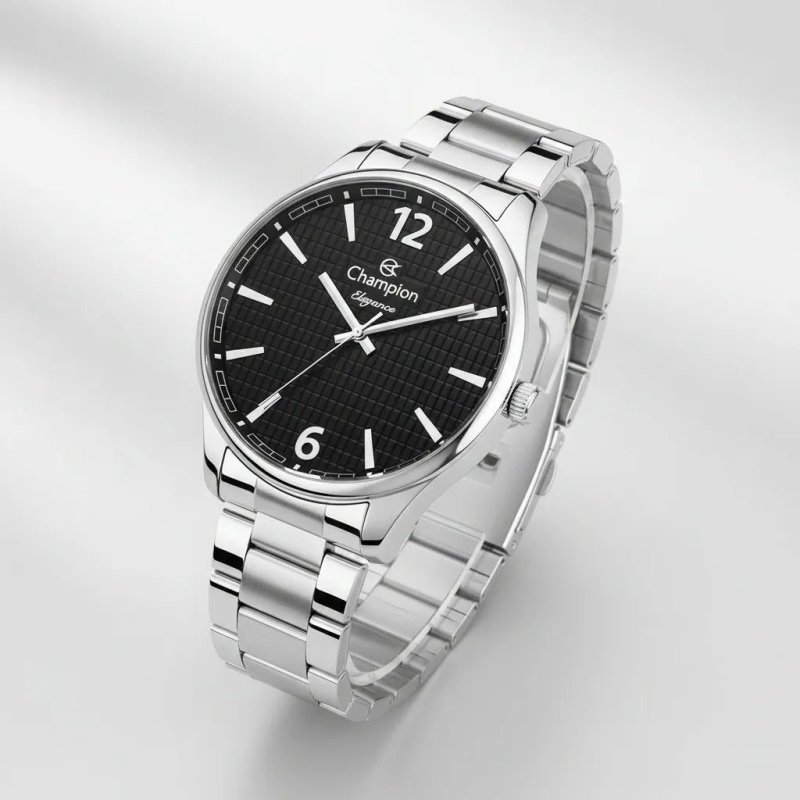 Relógio Masculino Champion Cn27670t Cor Da Correia Prateado Com Fundo Preto