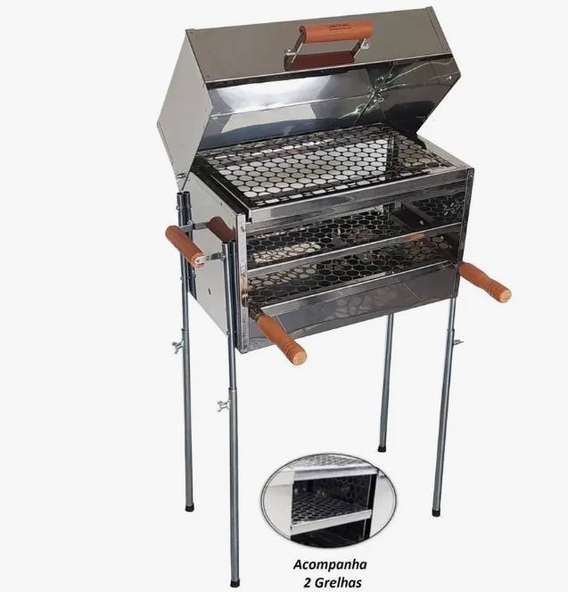 Churrasqueira Inox Média Espetinho 2 Grelhas C/ Tampa A Bafo Cor Prateado + Frete Grátis