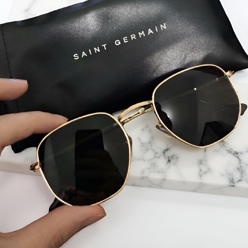 Óculos De Sol Saint Germain Dourado Harbor Aviador UV400 Lente Preto Desenho Espelho