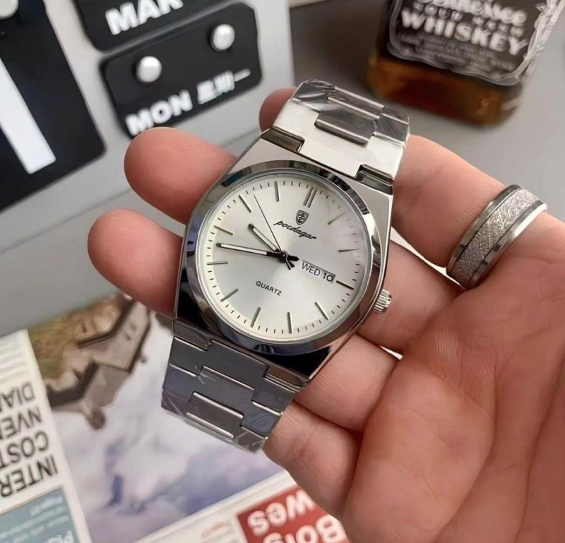 Relógio Masculino Poedagar 930 De Quartzo, Em Aço Inoxidável, Com Caixa E Ajustador Prateado