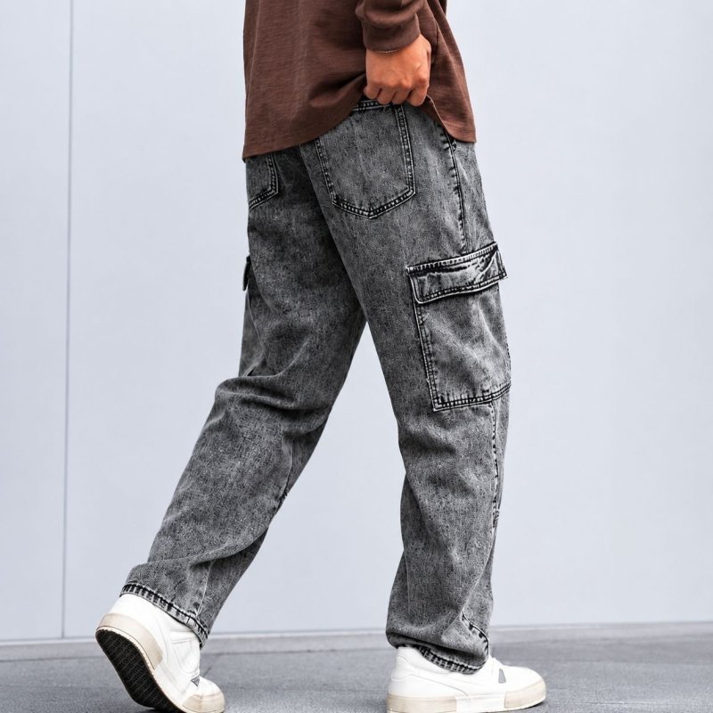 Calça Jeans Cargo Baggy Masculina Streetwear Mesclada