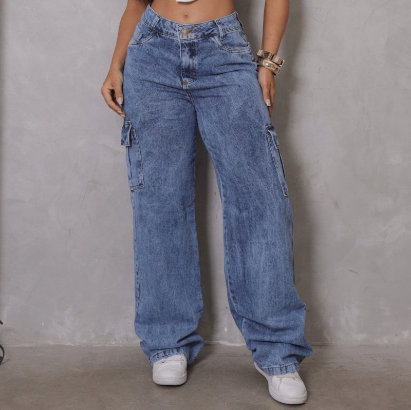 Calça Cargo Feminina Wide Leg Cintura Alta Jeans Stillger + Frete Grátis