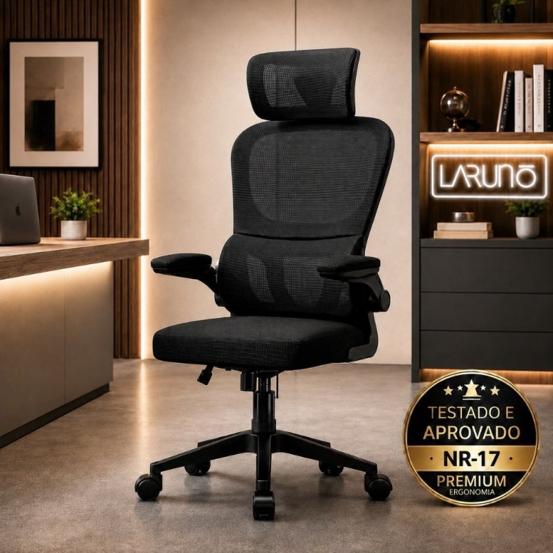 Cadeira de Escritório Ergonômica preta Giratória com Apoio Lombar e Braços Ajustáveis - LARUNO