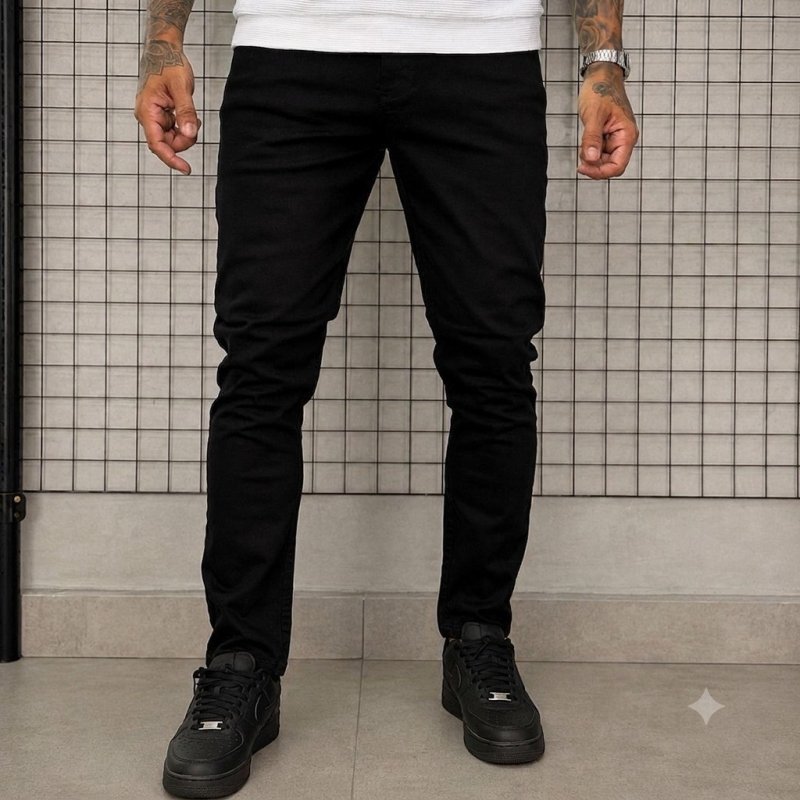 Calça Skinny Preta Masculina Jeans Com Elastano Lycra Preto