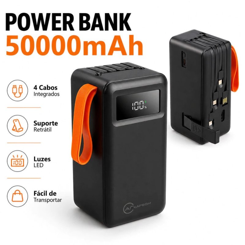 Power Bank 50000mAh Turbo 22.5W PD - Cabos 4 em 1 - Lanterna LED