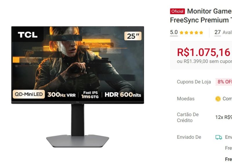 Monitor Gamer 25 Full HD 25G64 QD-Mini LED 300Hz 1ms FreeSync Premium TCL
