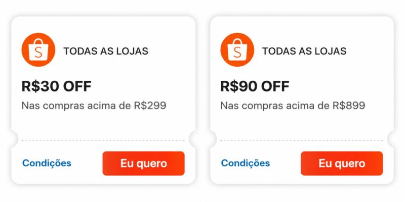 R$ 30 OFF em R$ 299 e R$ 90 OFF em R$ 899