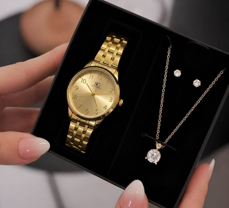 Kit Relógio Colar E Brincos Ponto De Luz Dourado Feminino Luxo Golden Saint Germain
