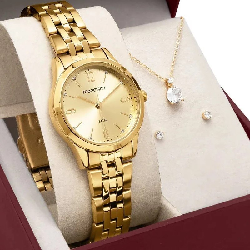 Kit Relógio Mondaine Pequeno Dourado e Colar de Cristal 32720LPMKDE1K1