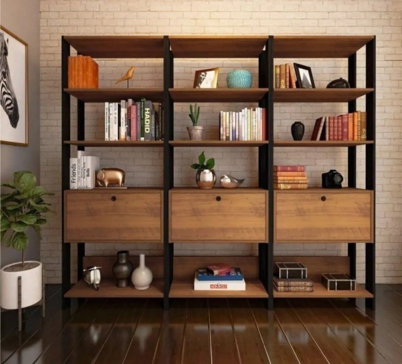 Conjunto 3 Estantes Para Livros Industrial 1 Porta Mdp Db Marrom