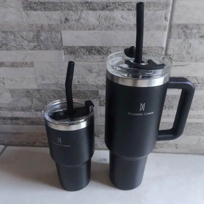 Kit Copo Térmica Inox 1200ml & 600ml Com Tampa E Inox Canudo Preto Cor Pura